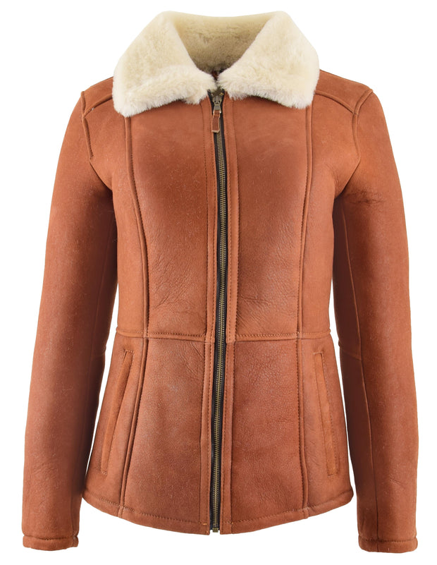 Womens Real Sheepskin Jacket Whiskey Merino Hip Length Shearling Coat Leona 5