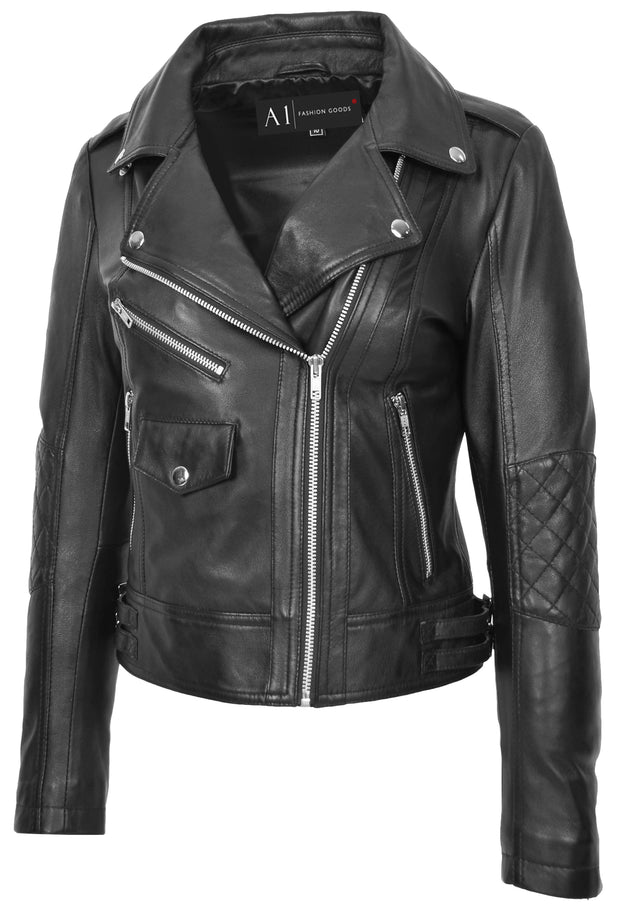 Womens Leather Biker Jacket Black Trendy Slim Fit Designer Ayla3