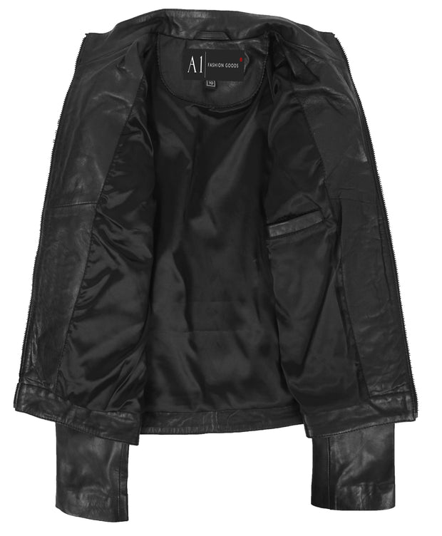 Womens Genuine Leather Biker Style Zip Up Fitted Jacket Poppy Black 5