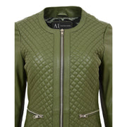 Women Collarless Olive Green Leather Jacket Fitted Quilted Zip Up - Remi Feature 1