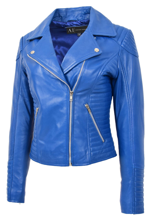 Womens Designer Leather Biker Jacket Fitted Quilted Bonita Blue 5