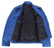 Genuine Cowhide Biker Jacket Heavy Duty Leather Brando Retro Coat Rock Blue Lining