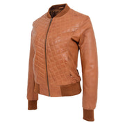 Womens Real Leather Bomber Jacket Tan Diamond Quilted Fitted Varsity Storm Front 3