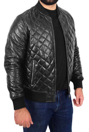 Mens Bomber Leather Jacket Black Fully Quilted Padded Fitted Varsity - Darren5
