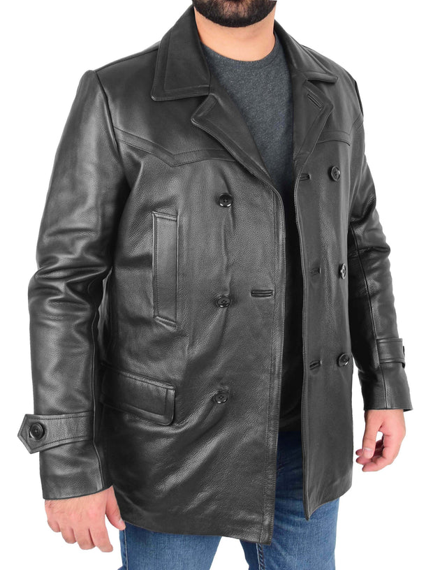 Mens Trench Leather Fitted Reefer Military Overcoat Ernest Black 5
