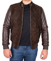 Mens Bomber Jacket Brown Suede and Leather Slim Fit Fully Quilted - Axel 5