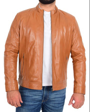 Mens Soft Tan Leather Casual Zip Fasten Jacket Nobel5