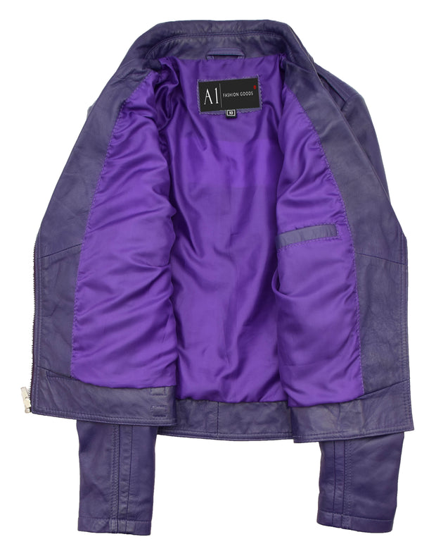 Womens Leather Biker Jacket Purple Trendy Slim Fit Designer Ayla