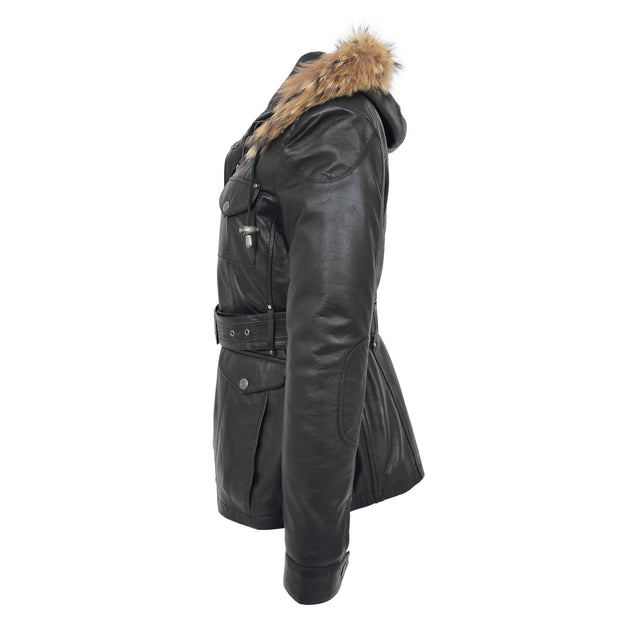 Ladies Black Leather Duffle Coat Belted Removable Hood Parka Jacket Sarah Side