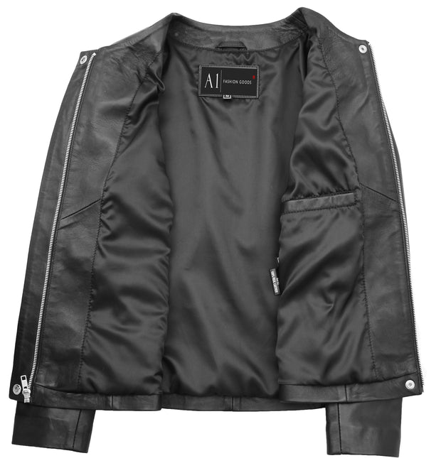 Women Black Leather Jacket Collarless Neckline Soft Fitted Zip Fasten Elena