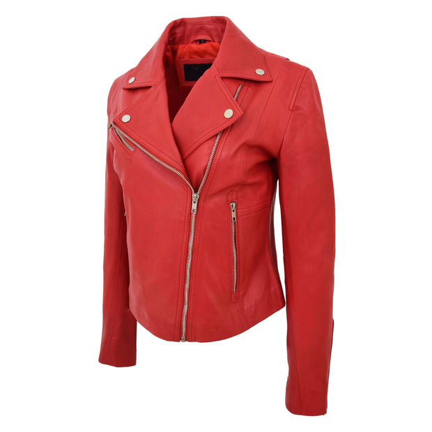 Womens Soft Genuine Leather Biker Jacket Slim Fit Coat Julie Red Front 3