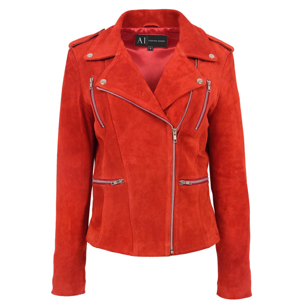 Womens Genuine X-Zip Fitted Biker Red Suede Leather Jacket Rusty 5