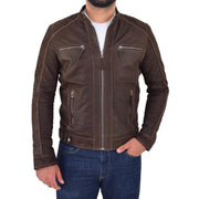 Mens Brown Waxed Skipper Real Leather Biker Style Jacket Captain Front 2