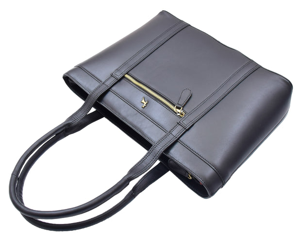 Womens Genuine Cowhide Leather Shoulder Bag Large Shopper Handbag Mazie Black