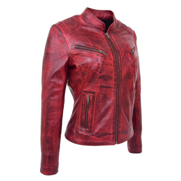 Womens Fitted Leather Biker Jacket Casual Zip Up Coat Jenny Dirty Red 3