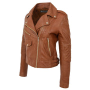 Womens Short Fitted Cognac Biker Style Real Leather Jacket Ayla Front 2