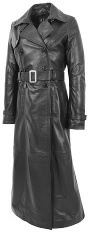 Womens Full Length Long Black Leather Trench Coat Trinity 5
