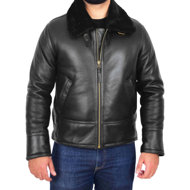 Mens Original Sheepskin Flying Jacket B3 Bomber Aviator Pilots Shearling Coat Raptor Black Front 2