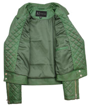 Womens Real Leather Jacket Green Fitted Quilted Trendy Biker Style Bonnie