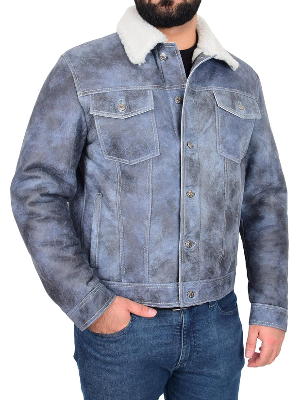 Mens Real Sheepskin American Trucker Jacket Blue Fitted Merino Curly Shearling Rudy 5