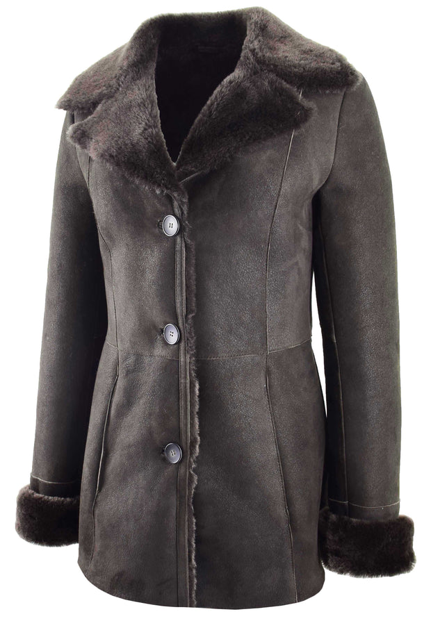 Womens Real Sheepskin Brown Jacket Classic 3/4 Mac Merino Shearling Trench Zona-5