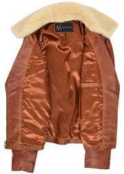 Womens Real Chestnut Leather Trendy Biker Jacket With Removable Sheepskin Collar Rosie