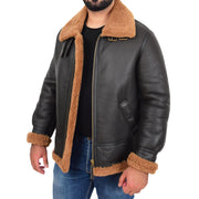 Genuine Sheepskin Flying Jacket For Men B3 Bomber Shearling Coat Thunder Brown/Ginger Front Open 2