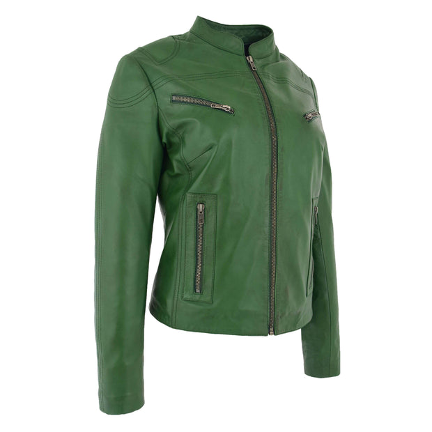 Womens Fitted Leather Biker Jacket Casual Zip Up Coat Jenny Green 3