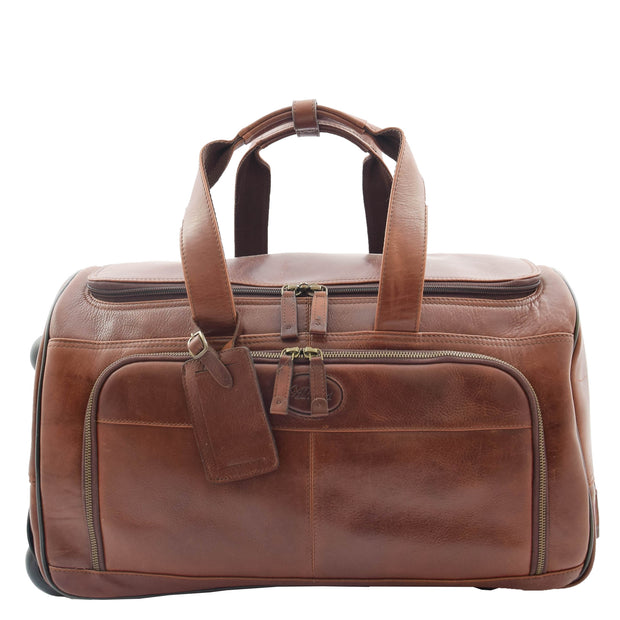 Wheeled Brown Leather Holdall Telescopic Handle Travel Duffle Ozwald Front 1