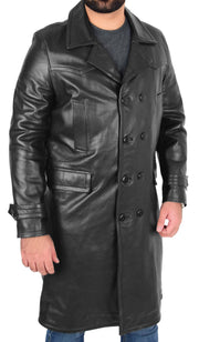 Mens Trench Leather Coat 3/4 Long Overcoat Neo Black 5