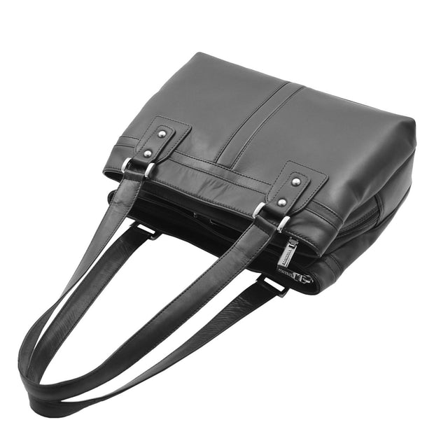 Womens Leather Shoulder Bag Multi Zip Pockets Handbag Polly Black Laydown