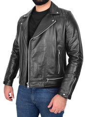 Men Genuine Black Cowhide Biker Leather Jacket Trendy Cafe Racer Brando Cruz 5