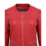 Women Collarless Red Leather Jacket Fitted Quilted Zip Up - Remi Feature 1
