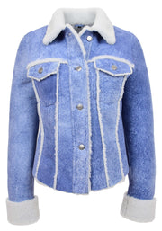 Womens Real Sheepskin Trucker Jacket Denim Blue Washed Genuine Shearling Jenna