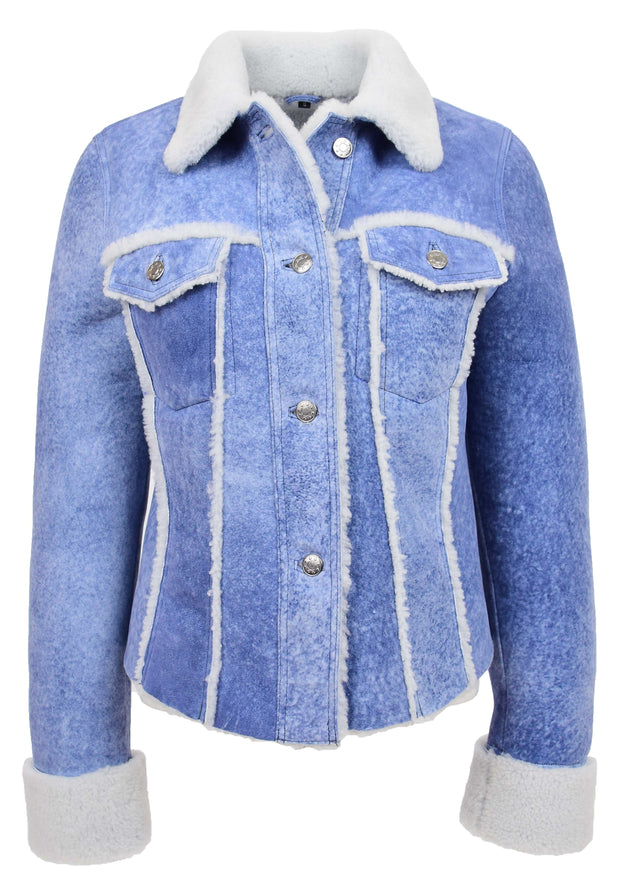 Womens Real Sheepskin Trucker Jacket Denim Blue Washed Genuine Shearling Jenna