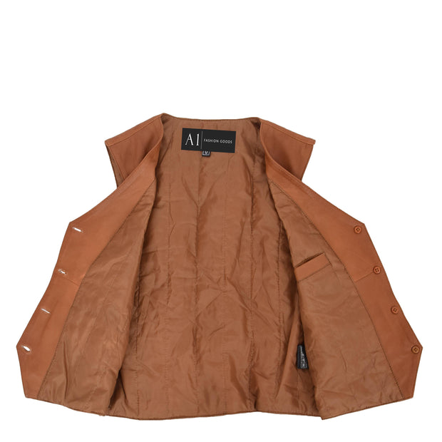 Womens Soft Leather Waistcoat Slim Fit Vest Classic Gilet Katy Tan Lining