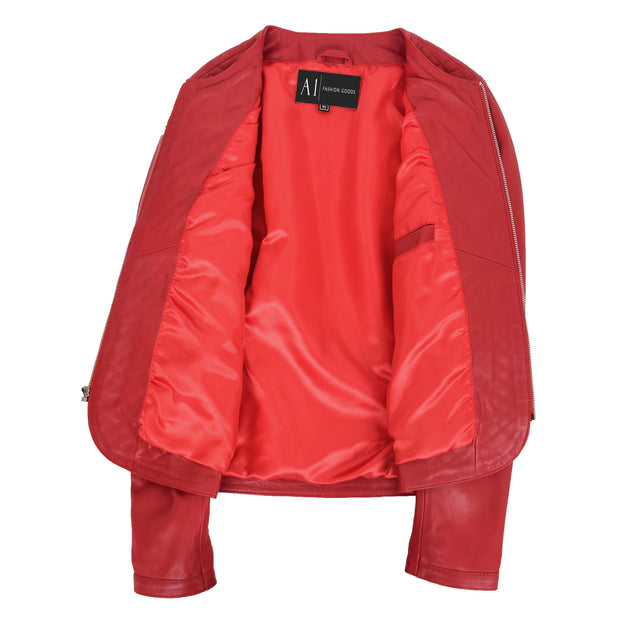 Women Collarless Red Leather Jacket Fitted Quilted Zip Up - Remi Lining