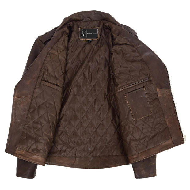 Mens Genuine Cowhide Biker Jacket Heavy Duty Antique Brown Leather Coat Rock Lining