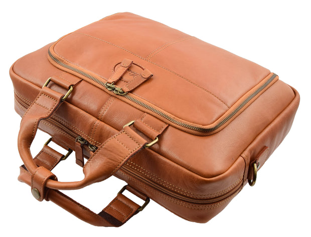 Mens Briefcase Genuine Soft Tan Leather Laptop Business Organiser Bag Pompeii 6
