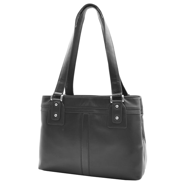 Womens Leather Shoulder Bag Multi Zip Pockets Handbag Polly Black Front 2