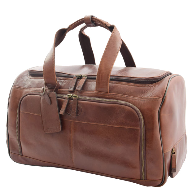 Wheeled Brown Leather Holdall Telescopic Handle Travel Duffle Ozwald Front 2