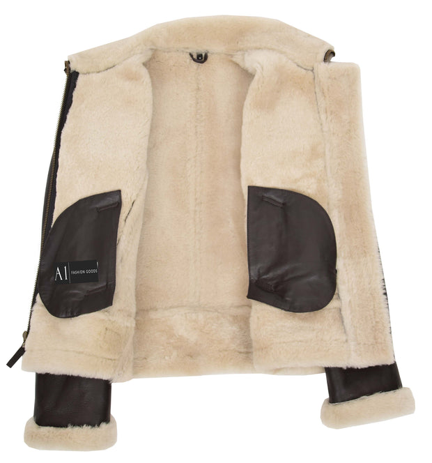 Womens Real Brown Sheepskin Jacket Hooded Shearling B3 Pilot Coat Maria 6