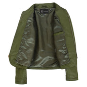 Women Collarless Olive Green Leather Jacket Fitted Quilted Zip Up - Remi Lining