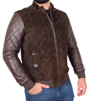 Mens Bomber Jacket Brown Suede and Leather Slim Fit Fully Quilted - Axel 6