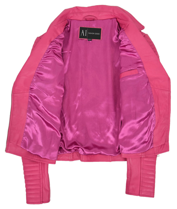 Womens Designer Leather Biker Jacket Fitted Quilted Bonita Pink
