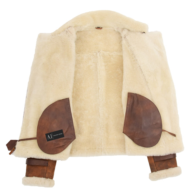 Womens Real Sheepskin Jacket Brown Antique Shearling Aviator Coat Willow 6