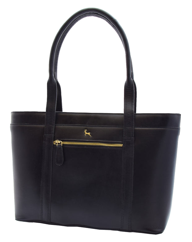 Womens Genuine Cowhide Leather Shoulder Bag Large Shopper Handbag Mazie Black