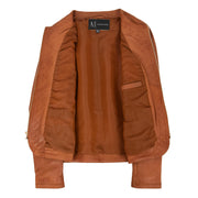 Women Collarless Cognac Leather Jacket Fitted Quilted Zip Up - Remi Lining
