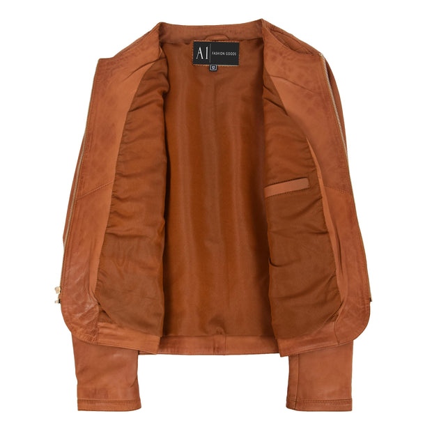 Women Collarless Cognac Leather Jacket Fitted Quilted Zip Up - Remi Lining