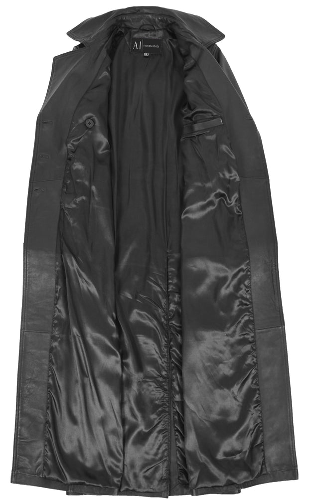 Womens Full Length Long Black Leather Trench Coat Trinity 6